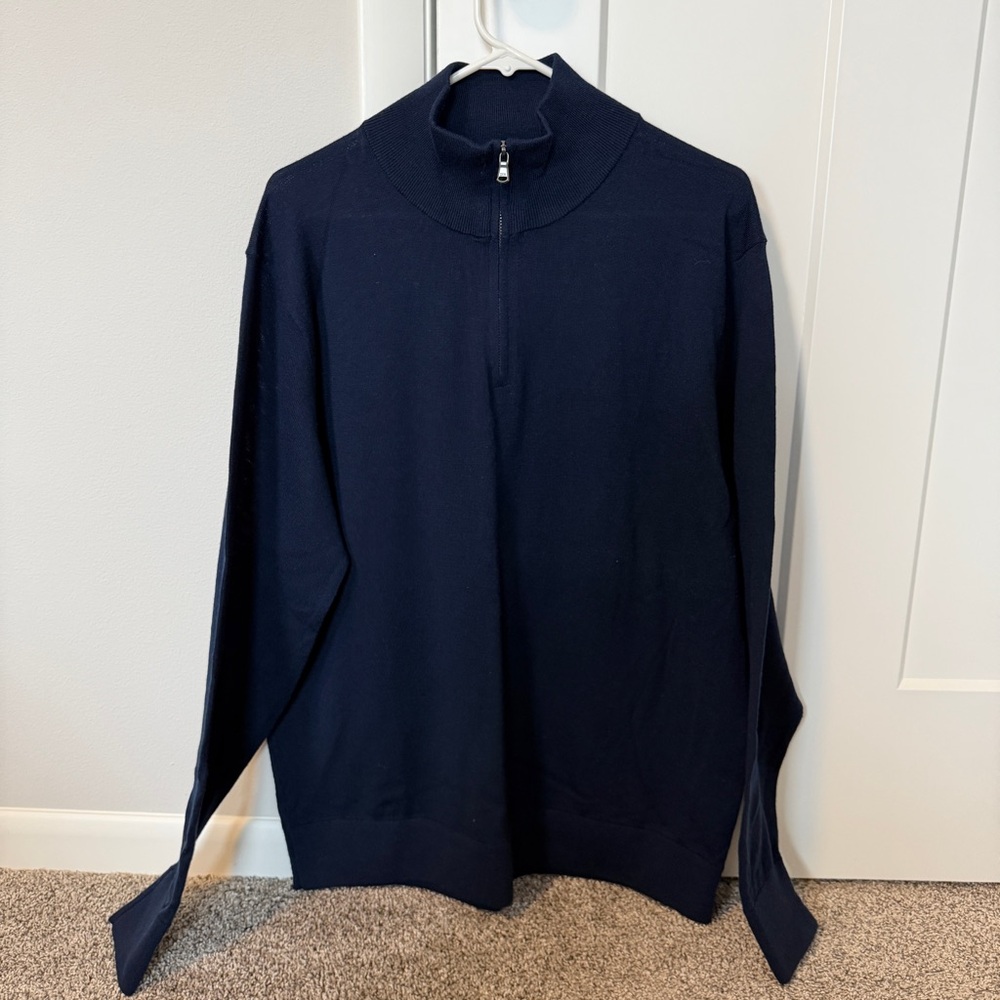 J. Crew Men's 100% Merino Wool Navy Quarter Zip Mock-Neck Sweater